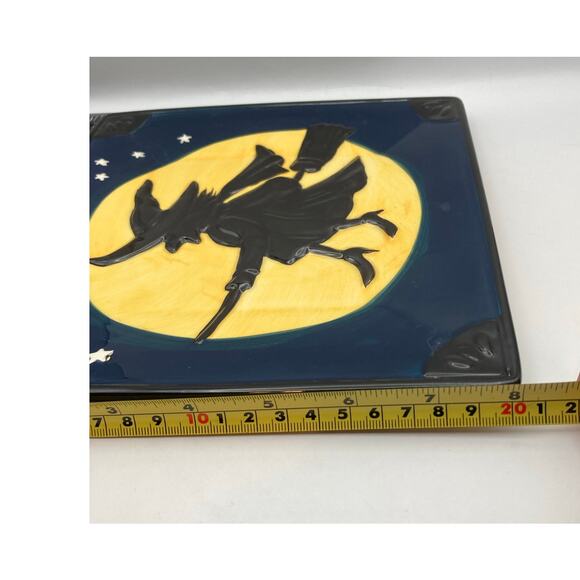 Halloween Decor Square 8" Plate Witch Broom Full Moon Stars Yellow Blue Black - Picture 4 of 5